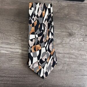 Vintage Martin Wong Mens Silk Necktie Black Brown Abstract Geometric Made In USA